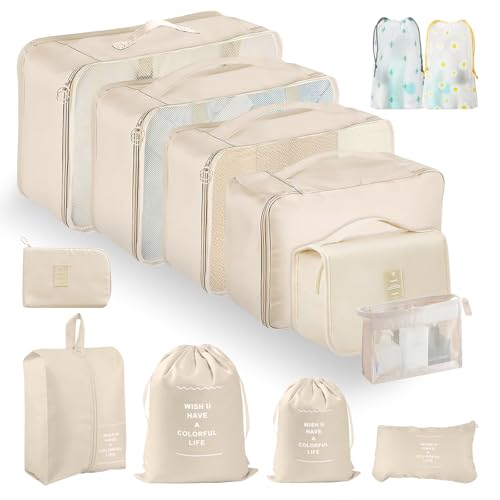 ZUPAPJO Organisateur Valise, Lot de 13 Rangement Valise, Packing Cubes Résistant à la Déchirure, Imperméable Organisateur de Voyage, Pochette Vetement Voyage avec Poches Transparentes, Beige