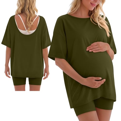 Sweetyweee 2 Piece Maternity Set for Women – Army Green, Large Pregnancy Outfit