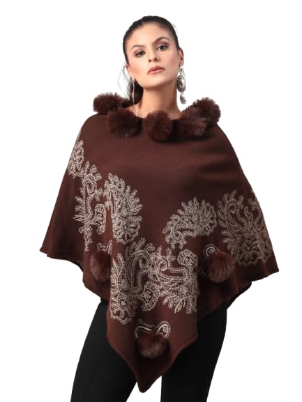 mafadeny Women's Embroidered Poncho with Fur Pom-Pom Detailing-picture-29