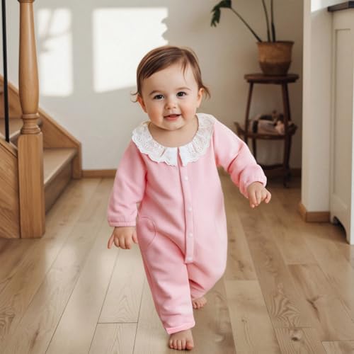 Newborn Infant Baby Girl One-Piece Baby Girls Fall Romper Lace Ruffled Long Sleeve Button Down Waffled Jumpsuit4