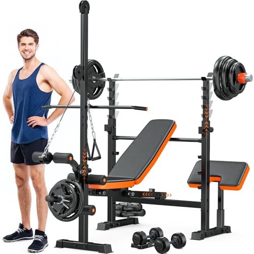 Fostoy 880lbs Weight Bench Set with LAT Pulldow, Bench Press Rack with Leg Extension/Curl and Preacher Curl, 8 in 1 Olympic Weight Benches for Home Gym Full-Body Adjustable Strength Training Equipment (Orange)
