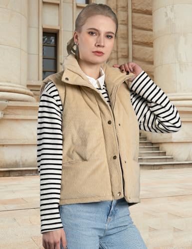 Womens Corduroy Puffer Vest Stand Collar Zip Snap Button Sleeveless Warm Waistcoat Padded Gilet4