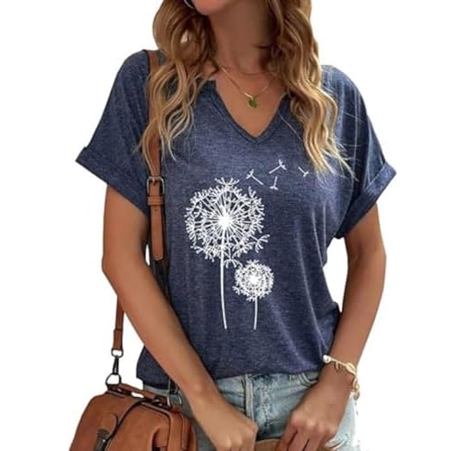 Earlymemb Women Funny Dandelion V Neck Shirt Vintage Floral Wildflowers Short Sleeve Graphic Tee Summer Fall Tops(L,G-Navy)