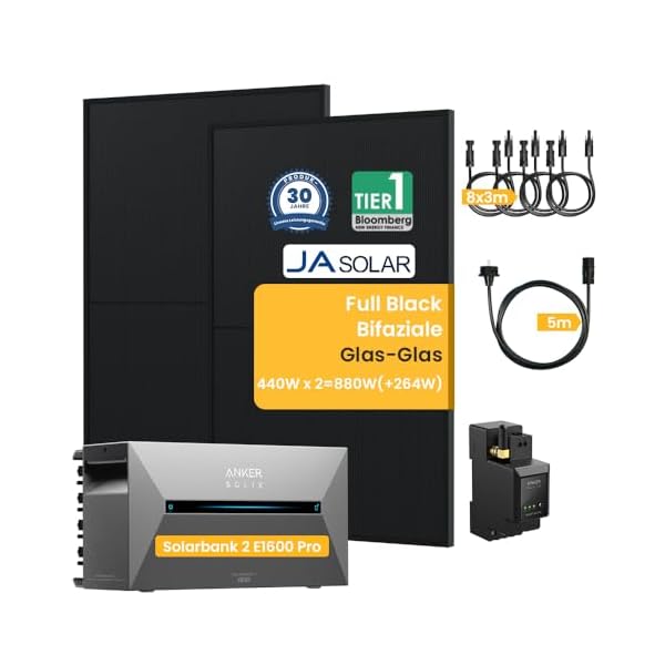 Balkonkraftwerk mit Speicher Anker Solix Solarbank 2 E1600 Pro mit JaSolar Full Black Bifaziale Solarmodule und Anker Smarten Zähler