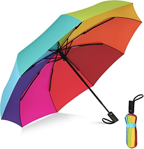 Rain-Mate Compact Travel Umbrella - Pocket Portable Folding Windproof Mini Umbrella - Auto Open and Close Button and 9 Rib Reinforced Canopy (Rainbow)