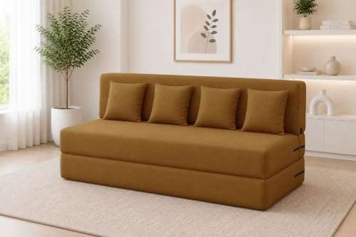 Image of Los Angeles Foldable Four Seater Sofa Cum Bed, Sofa Bed 6 X 6 Ft Jute Fabric Washable Cover- Including Cushion Perfect for Living Room - Golden