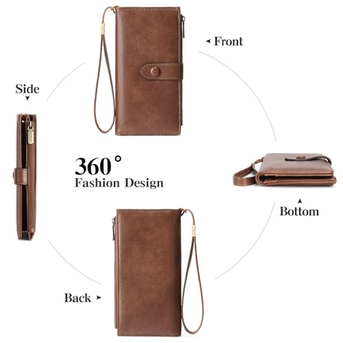 Image of GOIACII Womens Wallets Large Capacity Credit Card Holder RFID Blocking Leather Wallet Wristlet Ladies Clutch Purse Brown