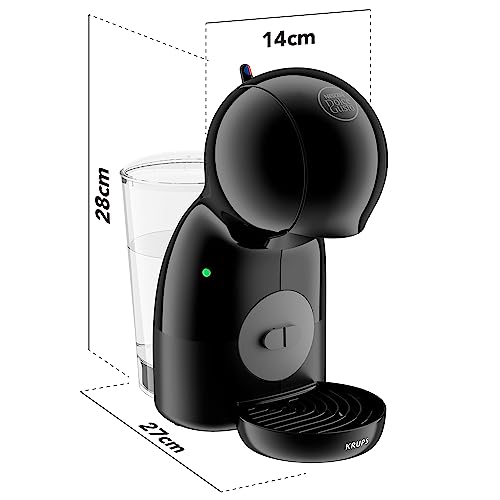 Vista lateral de la cafetera Krups Piccolo XS mostrando sus dimensiones de 14cm de ancho y 28cm de alto