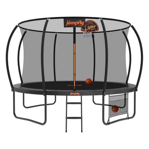 Jumpfly Tranpoline Outdoor Tranpoline for Kid with Basketball Hoop 10FT Recreational Tranpoline with Enclosure Net Quick & Easy Assembly ASTM Approved Big Tranpoline for Backyard Black