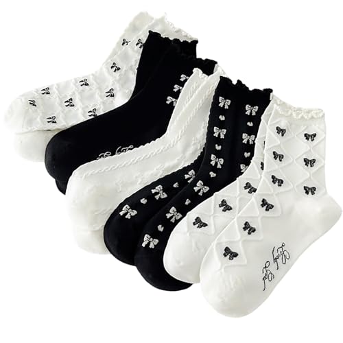 Image of Starella Women's Ruffle Frilly Socks Coquette Bow Scalloped Lace Preppy Dress Sock 5 Pairs Black White