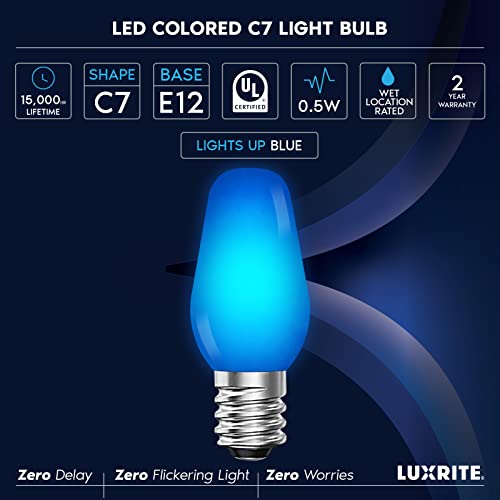 Luxrite C7 Led Blue Replacement Light Bulbs For String Lights, 0.5W, Shatterproof Colored Candelabra Bulb, Enclosed Fixture Rated, Ul, E12 Base, Indoor Outdoor, Christmas, Holiday, Party (6 Pack) #TOP5