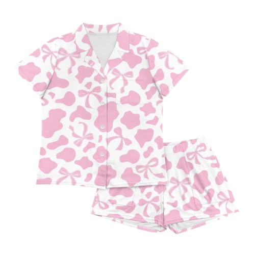 Image of Renewold Women's Short Sleeve Pajama Set Button Down Sleepwear with Notch Collar Soft Lounge Top and Shorts with Pockets