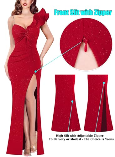 Image of VFSHOW Womens Ruffle One Shoulder Formal Prom Evening Gala Maxi Dress | Adjustable Strap, Sexy Twist Front, Ruched High Split, Wedding Guest Long Cocktail Gown