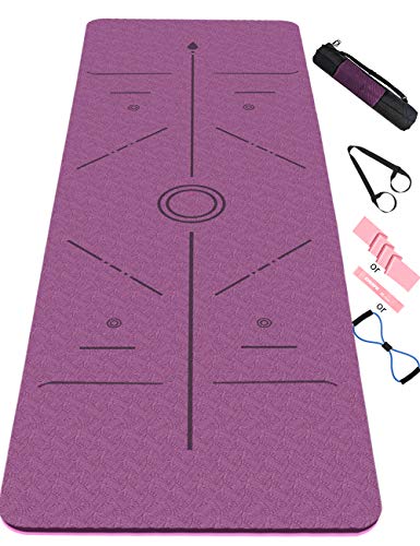 Esterilla Yoga Antideslizante,Esterilla Deporte Antideslizante con Línea Corporal Material ecológico TPE,Yoga Mat con Correa de Transporte y Bolsa183 * 61 * 0.6cm(púrpura)