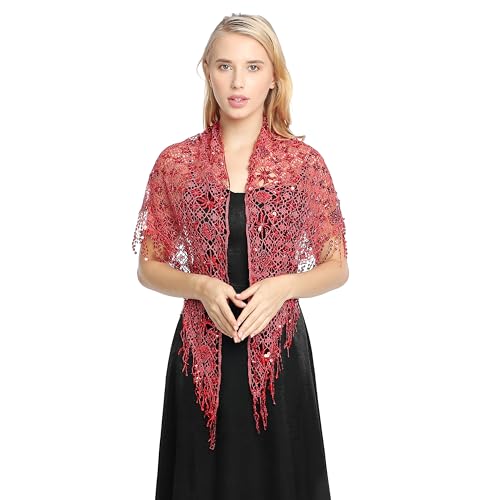 Women's Glittering Triangle Scarf Mesh Sequin Wedding Cape Fringed Evening Shawl Wrap3