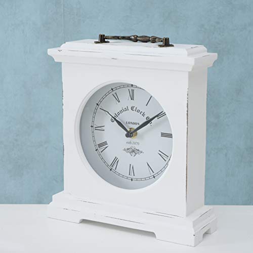 Iconic Colonial Mantel Clock, Roman Numerals, Quartz Movement, Vintage Style, Glass, White, Distressed Finish, Wood, Metal, 8 1/4 L X 2 1/2 W X 9 1/2 H Inches, 1Aa Battery (Not Included) #TOP6