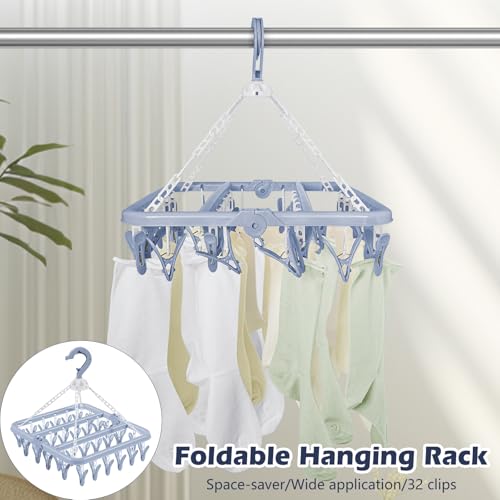 Aolloa Clothes Drying Rack with 32 Clothespins, Bule Foldable Hanging Drying Racks, 360° Rotatable Hook for Drying Towels Bras Baby Clothes Gloves Plastic, Clothes Drying Foldable-Bule