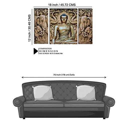 Image of Indianara Set of 3 Gautam Buddha in Meditation MDF Art Painting (3493 FLa) without glass 4.5 X 12, 9 X 12, 4.5 X 12 INCH