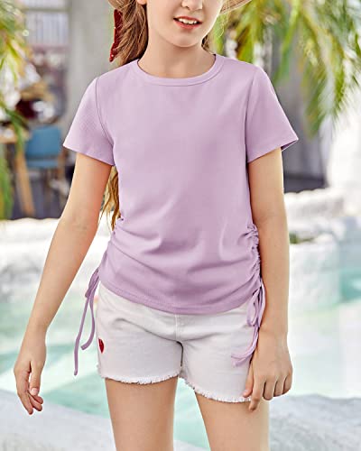 Imily Bela Girls Tees Shirts Cute Crew Neck Short Sleeve Side Drawstring Solid Tops Kids Children Summer Clothes3
