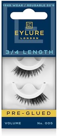 Eylure Press On Pre-Glued False Eyelashes, 3/4 Length Lashes, No. 005, 1 Pair
