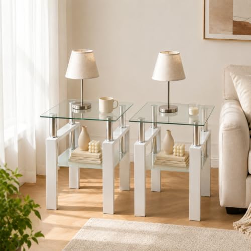 Image of Meihua Glass End Table, Square Glass Side Table, 2-Tier Modern Nightstand with Metal Legs for Living Room&Bedroom (White, 2pcs)