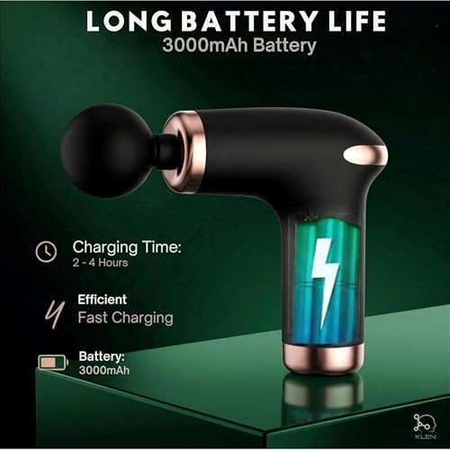 Image of KLEN Rechargeable Massage Gun For Pain Relief with 4 Interchangeable Heads Cordless Electric Handheld Percussion Massager Machine for Back, Neck, Shoulders, Legs and Muscle Recovery