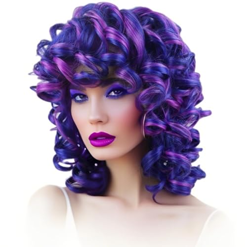 Colorful Curly Wigs for Black Women Short Curly Wig with Bangs Soft Loose Curls Wigs for Women Synthetic Fiber Glueless Hair for Daily (Colorful)