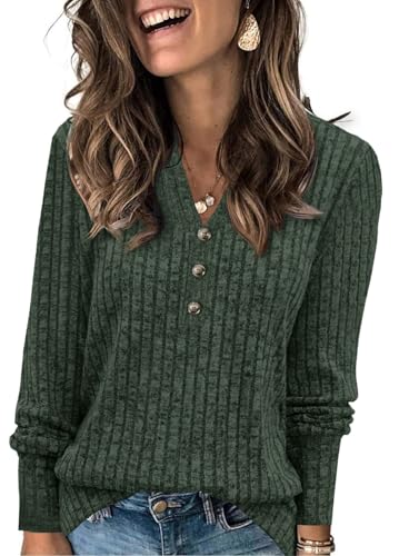 Fisoew Jersey para mujer con cuello en V, ligero, camiseta de manga larga, elegante, acanalado, jersey de punto básico, sudadera holgada, parte superior con botón, verde, XL