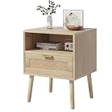 Algherohein 22' H Rattan Nightstand with 1 Drawer, Boho Nightstand with Open Shelf, Mid Century Modern Nightstand with Gold Handle, Oak