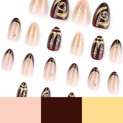 Image of Dark Red Press on Nails Short Almond Fake Nails Gold Sun Star False Nail | with Rhinestone Design French Tip Nail Press ons Glossy Full Cover Nude 3D Gold Line Stick on Nails for Women Manicure 24Pcs