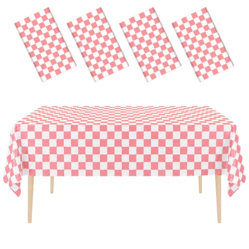 OLIVBIN 4 Pack Checkered Tablecloth Disposable Plastic Pink and White Checkered Tablecloth Waterproof Rectangular Picnic Table Cover, Black Party Decoration, 54 x 108 inches