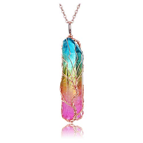 Memolome Healing Crystal Necklace Tree Of Life Rainbow Rock Clear Quartz Necklace Rose Gold Wire Wrapped Gemstone Pendant Reiki Stone Irregular Pointed Protection Crystal Necklace For Women Girl Jewelry Gift #TOP11