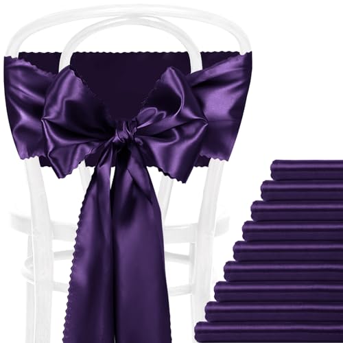 Eychei 12 Pcs Purple Satin Chair Sashes Bows, 7x108 inch