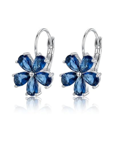 Image of Aliyoham Silver Sapphire Flower Leverback Drop Earrings for Women, Blue September Birthstone Earrings, Elegant Navy Blue Everyday Jewelry
