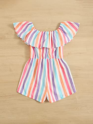 Soly Hux Girl's Striped Print Off The Shoulder Romper Ruffle Trim Short Sleeve Drawstring Waist Short Jumpsuit Blue White Multi 11-12Y #TOP1