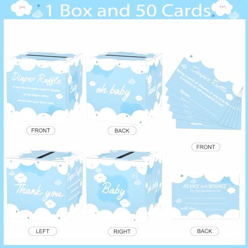 Image of Diaper Raffle Tickets with Card Box, 50 Blue Raffle Tickets and Box for Baby Shower Game, Gender Reveal, Oh Baby Theme Party Decorations