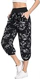  Dilgul Damen 3/4 Hose Sommer Casual Yoga Capris Crop Hose Elastische Taille mit Knopf Baggy Weite Hose
