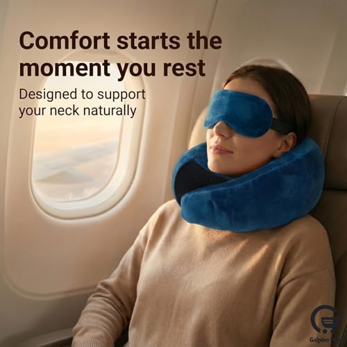 Image of Neck Rest Pillow & Eye Mask Combo for Travel | Ergonomic Neck Support Cushion with Soft Sleeping Eye Mask | Ideal for Flight, Car, Office & Home Relaxation (Blue)