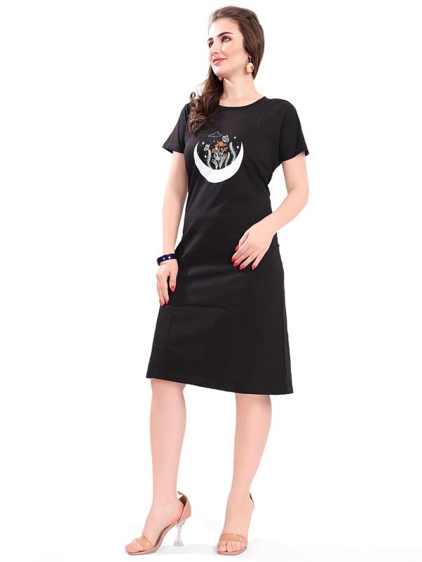 Image of Printed Knee Length Pocket Night Dresses for Women | Cat Lovers | Premium Soft Cotton Nighty | Sky Blue