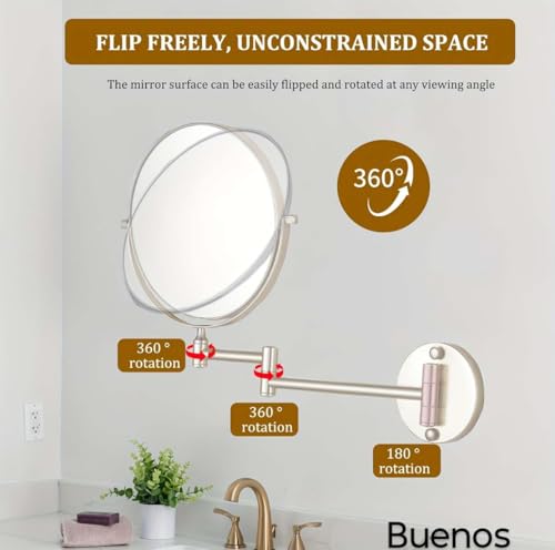Image of Buenos- Magnifying Shaving Makeup Beauty Vanity Zoom Mirror with Silver Chrome Finish. Dual Side Magnification Wall Hung. 8 Inch Rod Type. 360 Degree ROTATABLE