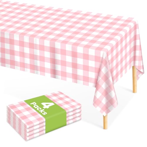 Mulbozy 4 Pcs Pink Gingham Tablecloth 54 × 108 Inches Pink and White Checkered Table Cloth Disposable Plastic Waterproof Tablecover for Outdoor Picnic, Birthday Party, Holiday Dinner