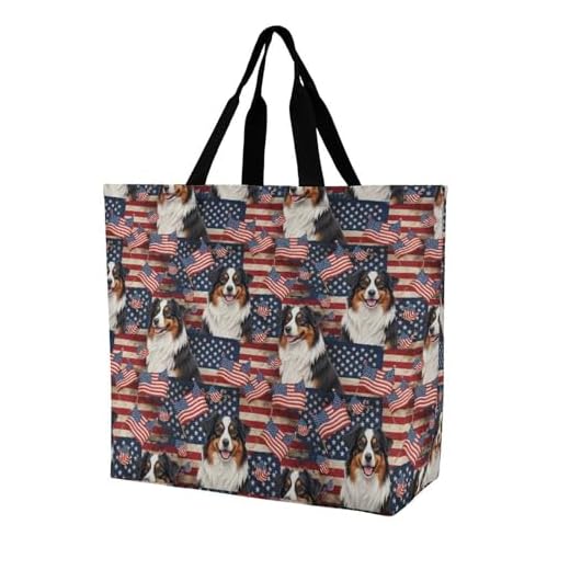 ACCXECTGGV Washable Reusable Shopping Bags Miniature American Shepherd American Flag Dog Lightweight Grocery Tote Bags Fashion Travel Beach Picnic Bag