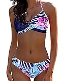 trajes elegantes de mujeres Estilo: lindo y sexy; Con estilo Top con sujetador acolchado push up con aros, top de bikini Twist bandeau, cuello halter, estilo de estampado floral, recorte inferior. Perfecto para vacaciones tropicales, verano, playa y piscina con un patrón único y elegante.