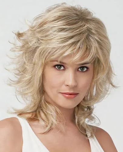 Image of Mid Length Shag Capless Wavy Layered Synthetic Hair Wigs Women Natural wig For Daily Use, Party, Halloween Wigs (Light Blonde)