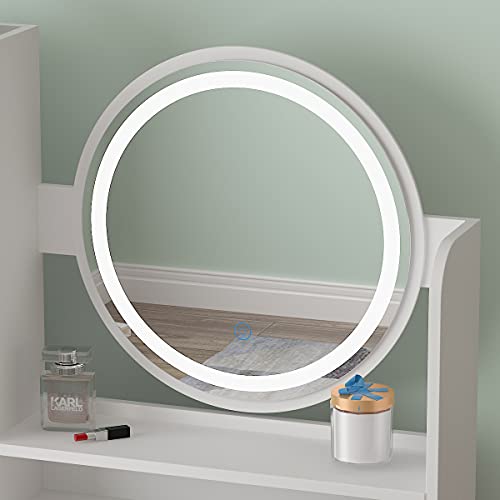 FUFU&GAGA Vanity Set with Round Mirror, Makeup Vanity Dressing Table with 5 Drawers, Shelves
