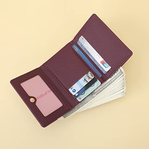 Jiufeng Women's Rfid Blocking Short Wallet Multi Purpose Zipper Folded Purses Coins Pouches Multi-Card Position Card Organizer (Wine Red) #TOP6