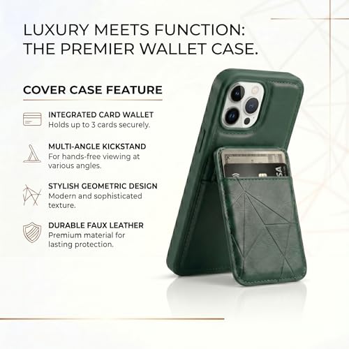 Image of amazon basics Premium Vegan Leather Back Cover with Card Holder and Integrated Mobile Stand for iPhone 16 Pro Max - Slim Shockproof Wallet Case with Geometric Stitching [Green]