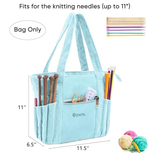 Image of MYBAGZING Corduroy Crochet Bag 11.5 inch Large Yarn Storage Tote with Grommets, Needle Holders - Knitting Bag Organizer for Crochet Hooks, Accessories, Tools & Projects -Gift for Knitters & Crafters