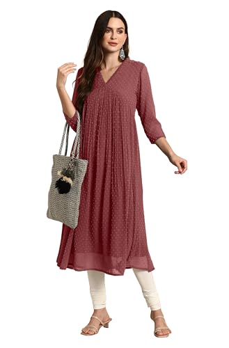 Image of Janasya Women's Dobby Chiffon Self Design Flared Kurta