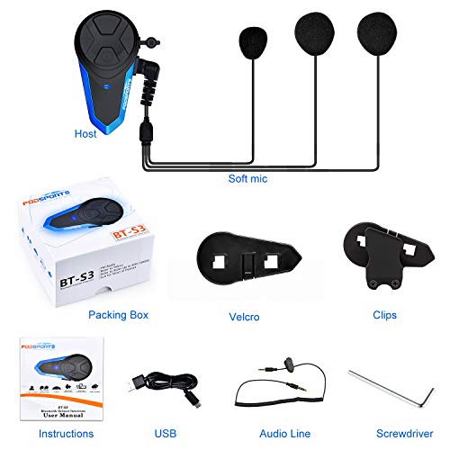 Fodsports Intercomunicador Casco Moto BT-S3 Bluetooth Cascos Moto Telefono Radio FM Impermeable Manos Libres Moto Motorcycle Intercom Headset (1 Packs of Soft Headphone)